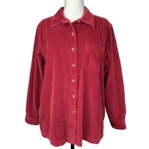 Vtg LL Bean Corduroy Shirt Womens L Red Shacket Button Wide Wale Heritage Chore